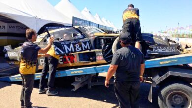 El Chevrolet chocado de Ledesma en los boxes de Viedma